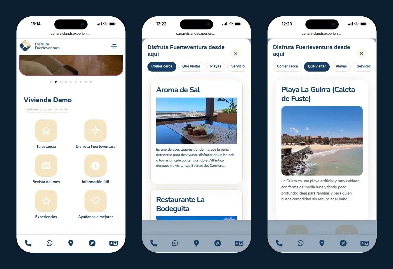 Tres pantallas de la ficha de un alojamiento en el móvil: el menú con seis accesos para el huésped, la sección «Comer cerca» con restaurantes de la guía y la sección «Qué visitar» con una playa de Caleta de Fuste