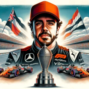 Fernando Alonso sosteniendo un trofeo de la Fórmula 1, rodeado de banderas a cuadros y un monoplaza, simbolizando su pasión y éxito en el automovilismo.